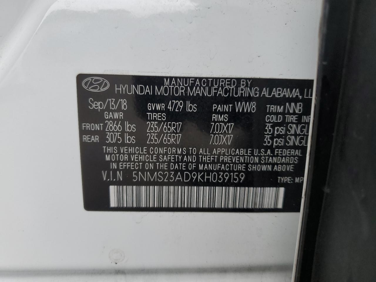2019 Hyundai Santa Fe VIN 5NMS23AD9KH039159 Copart auction photo, rear end damage thumbnail 15