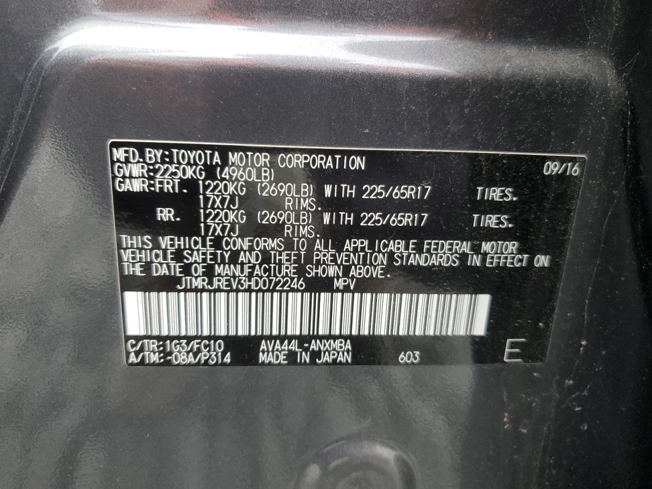 2017 Toyota RAV 4 VIN JTMRJREV3HD072246 Copart auction photo, front end damage thumbnail 13