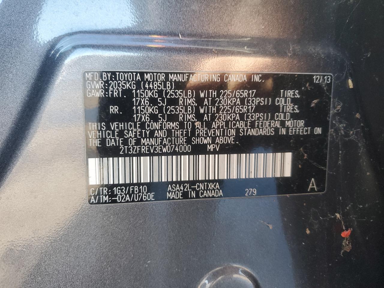 2014 Toyota RAV 4 VIN 2T3ZFREV3EW074000 Copart auction photo, front end damage thumbnail 12