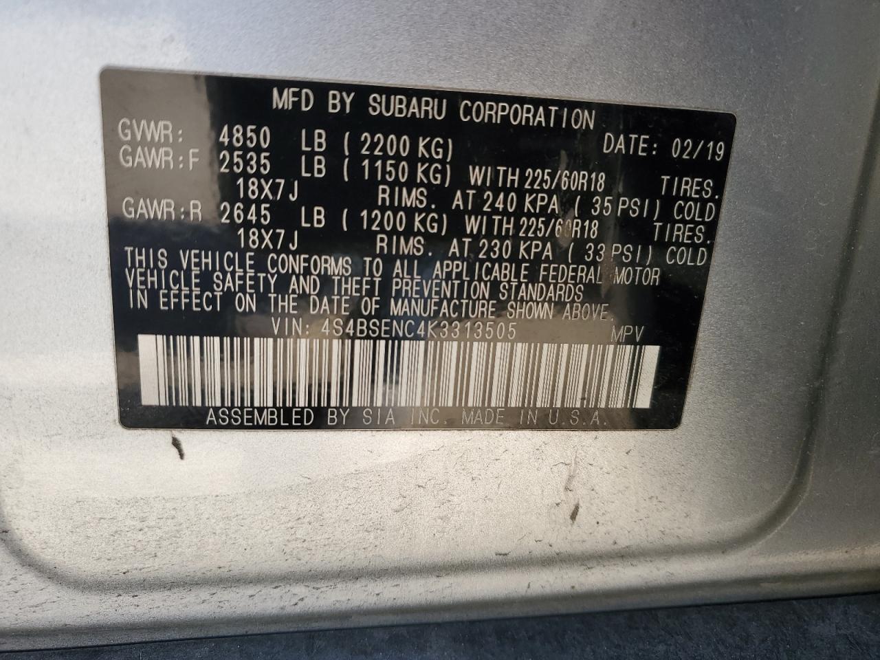 2019 Subaru Outback VIN 4S4BSENC4K3313505 Copart auction photo, front end / side damage thumbnail 14