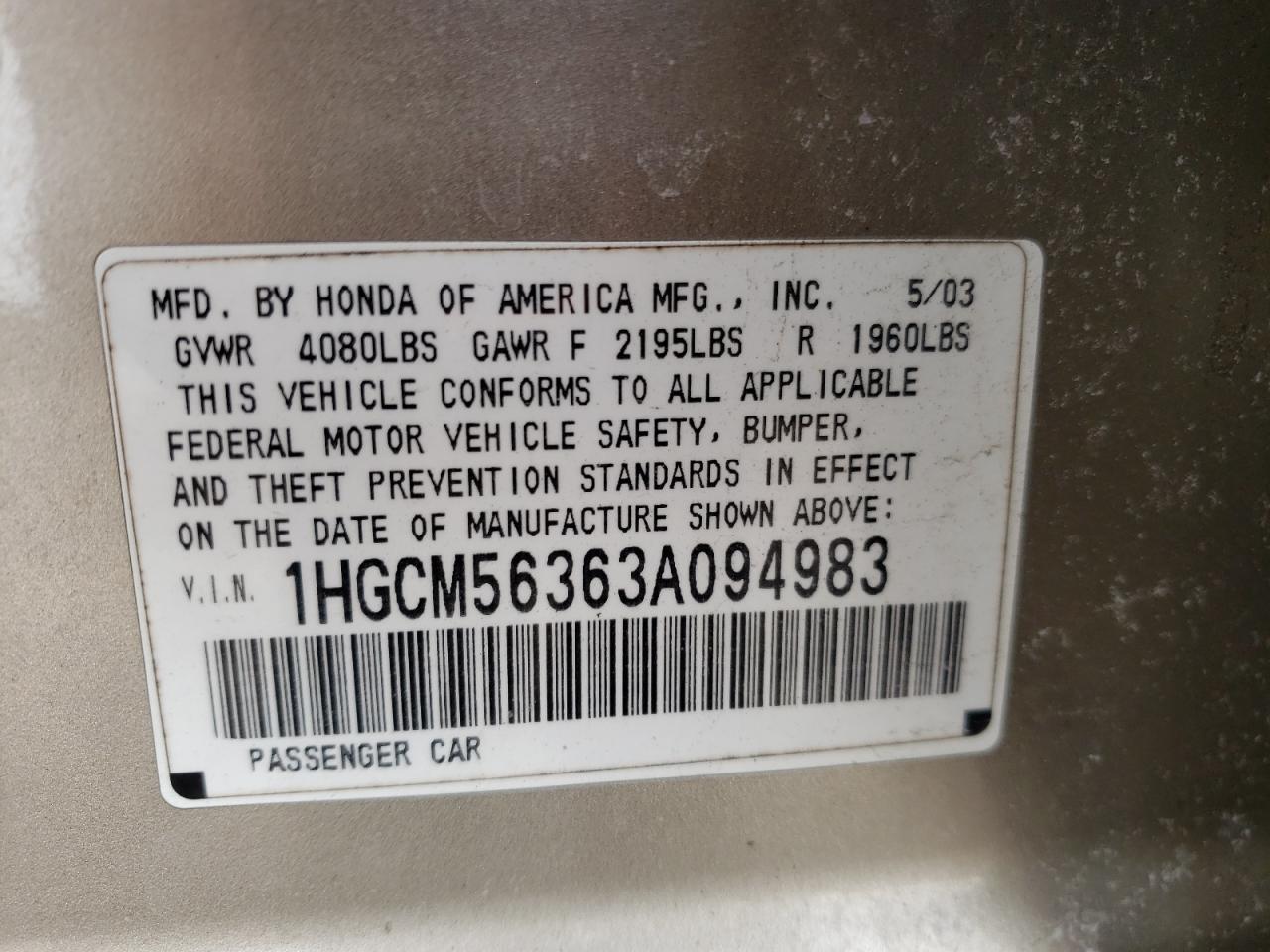 2003 Honda Accord VIN 1HGCM56363A094983 Copart auction photo, front end / minor dent/scratches damage thumbnail 14
