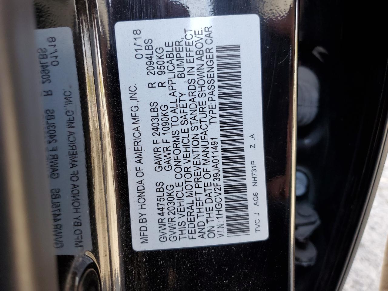 2018 Honda Accord VIN 1HGCV2F39JA011491 Copart auction photo, all over damage thumbnail 12