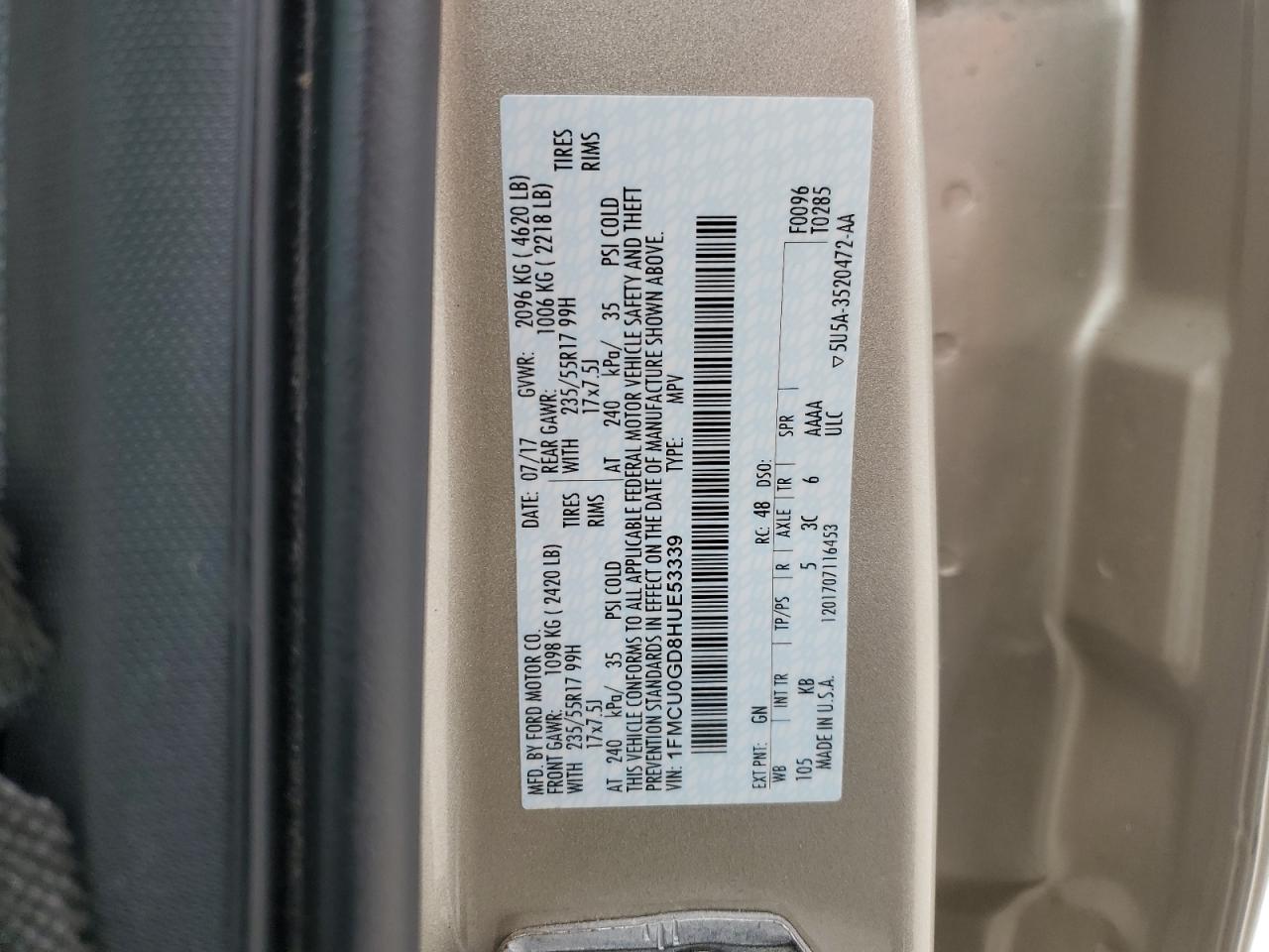 2017 Ford Escape VIN 1FMCU0GD8HUE53339 Copart auction photo, side / rear end damage thumbnail 13