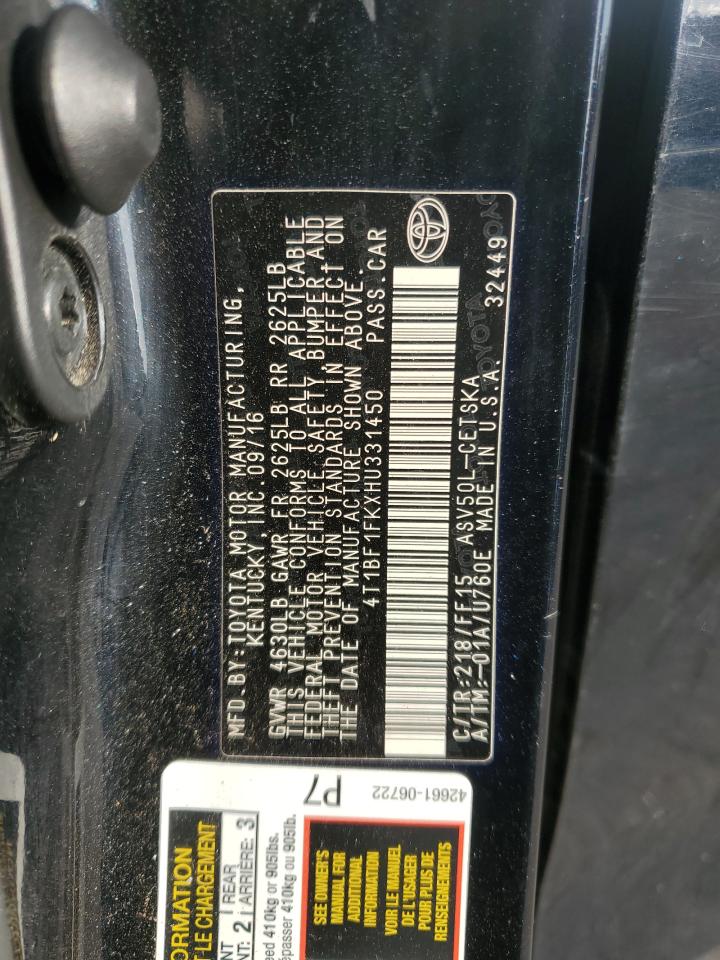 2017 Toyota Camry VIN 4T1BF1FKXHU331450 Copart auction photo, rear end damage thumbnail 14
