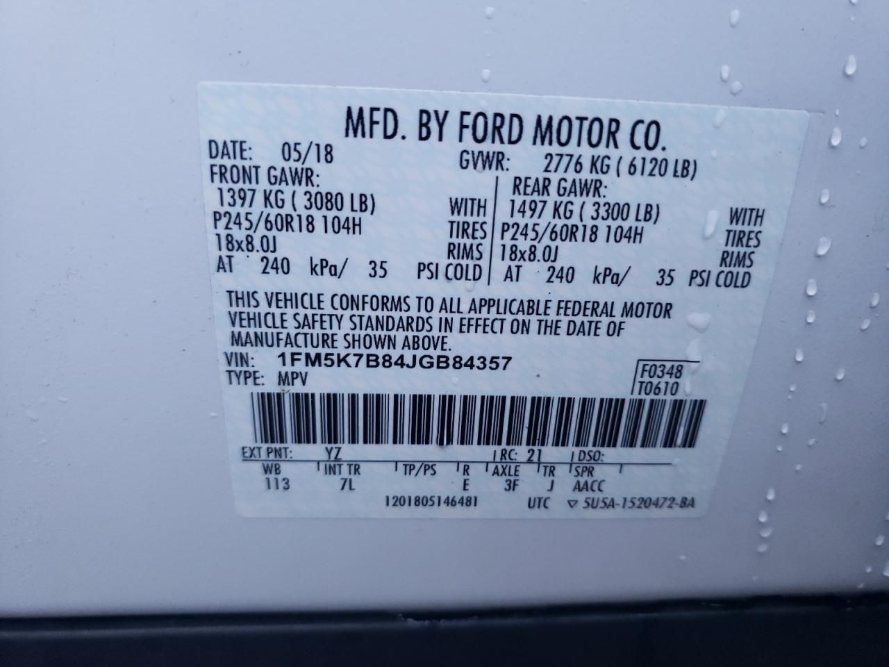 2018 Ford Explorer VIN 1FM5K7B84JGB84357 Copart auction photo, front end / undercarriage damage thumbnail 13