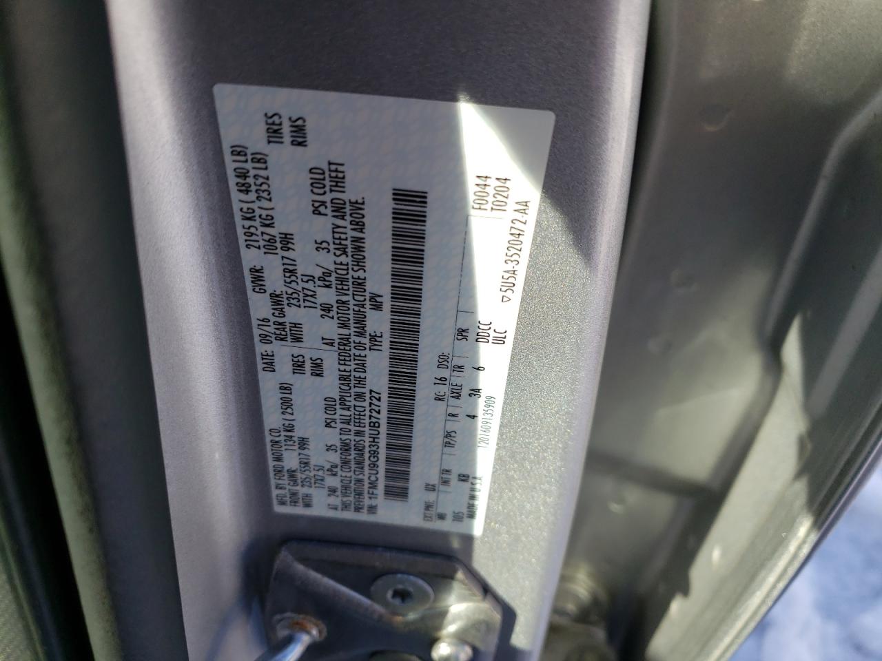 2017 Ford Escape VIN 1FMCU9G93HUB72727 Copart auction photo, undercarriage damage thumbnail 13