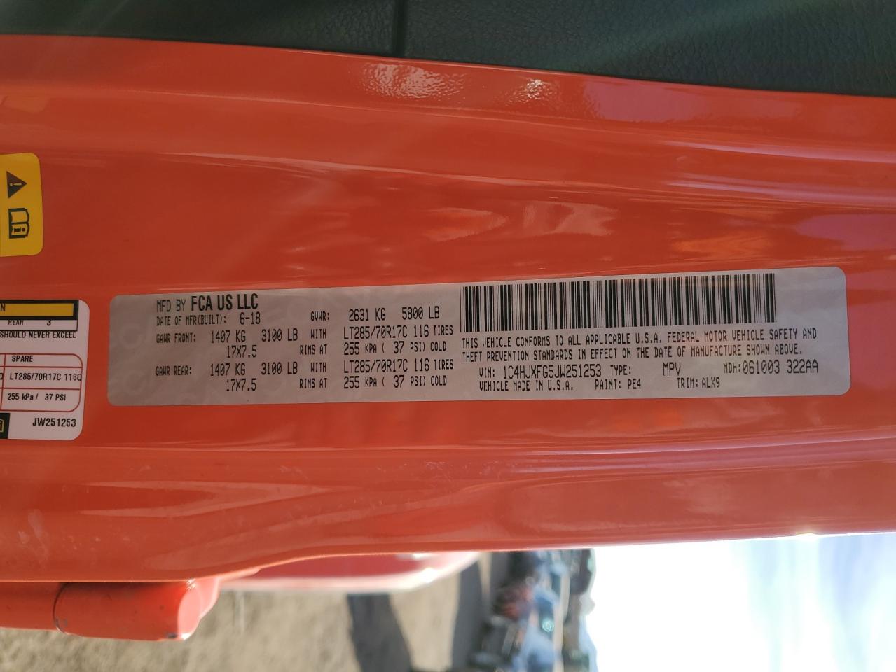 2018 Jeep Wrangler VIN 1C4HJXFG5JW251253 Copart auction photo, front end / rear end damage thumbnail 13