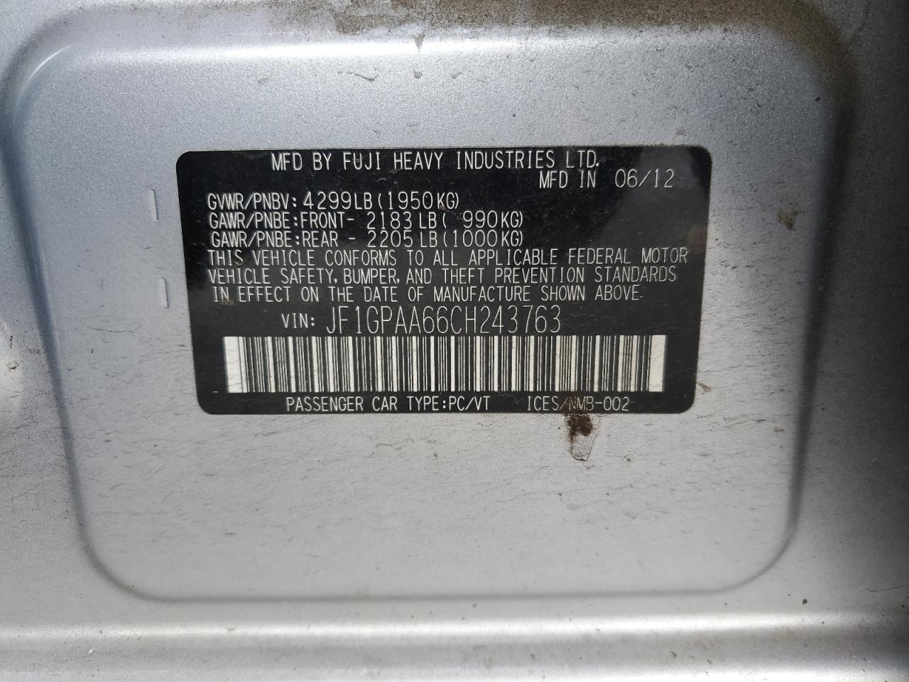 2012 Subaru Impreza VIN JF1GPAA66CH243763 Copart auction photo, front end damage thumbnail 12
