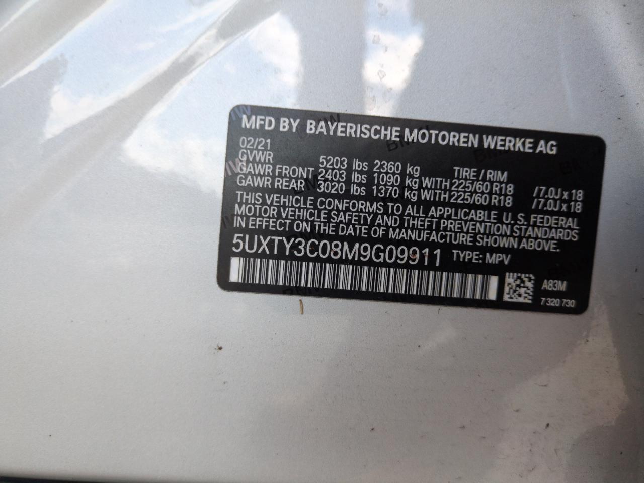 2021 BMW X3 VIN 5UXTY3C08M9G09911 Copart auction photo, water/flood damage thumbnail 14