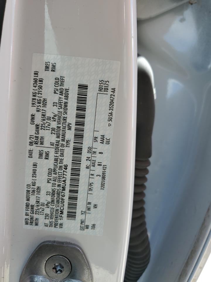 2021 Ford Escape VIN 1FMCU0F67MUA77746 Copart auction photo, water/flood damage thumbnail 14