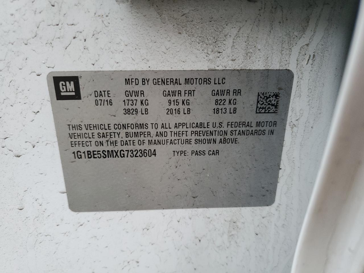 2016 Chevrolet Cruze VIN 1G1BE5SMXG7323604 Copart auction photo, rear end / side damage thumbnail 12