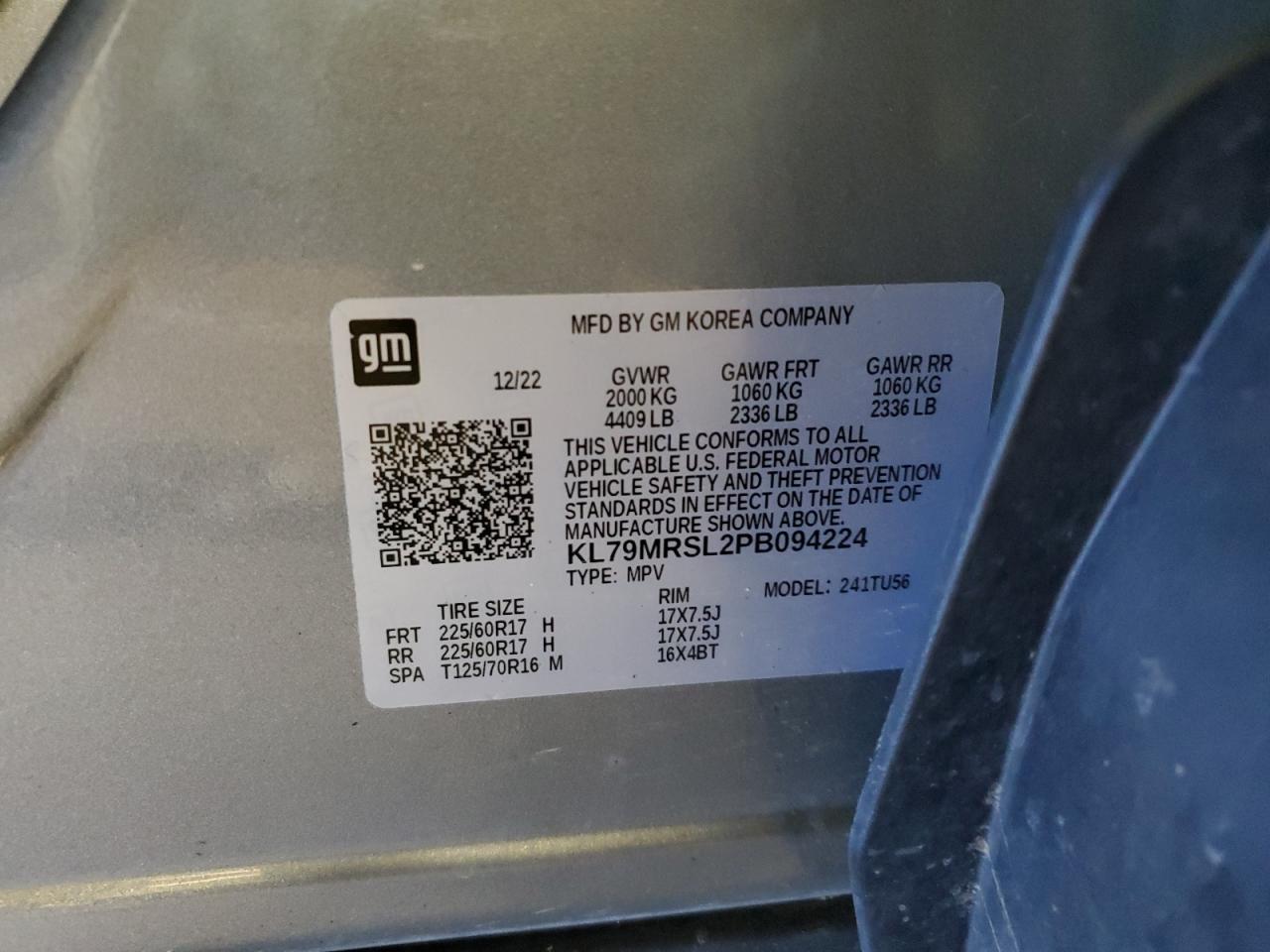 2023 Chevrolet TrailBlazer VIN KL79MRSL2PB094224 Copart auction photo, front end / side damage thumbnail 14