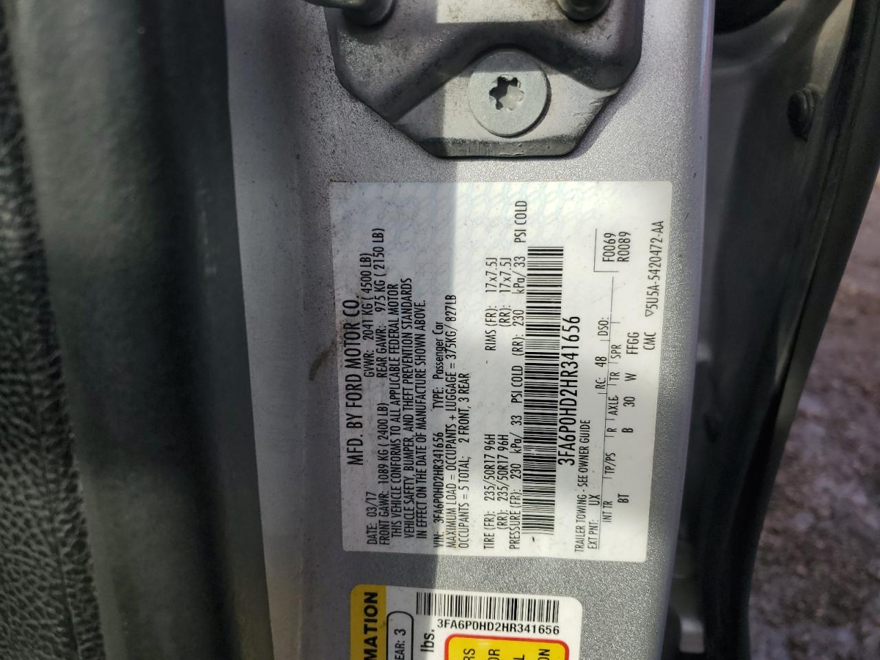 2017 Ford Fusion VIN 3FA6P0HD2HR341656 Copart auction photo, front end / side damage thumbnail 12