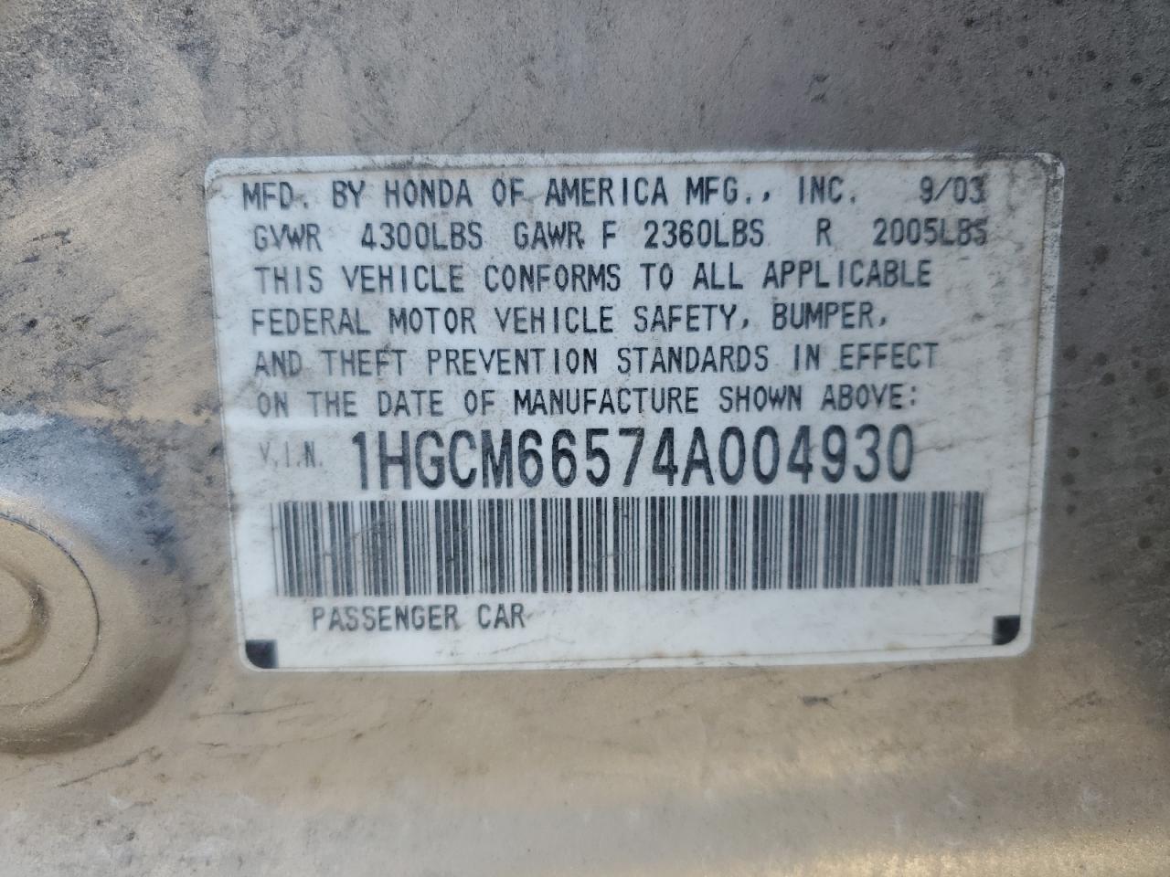 2004 Honda Accord VIN 1HGCM66574A004930 Copart auction photo, front end / mechanical damage thumbnail 13
