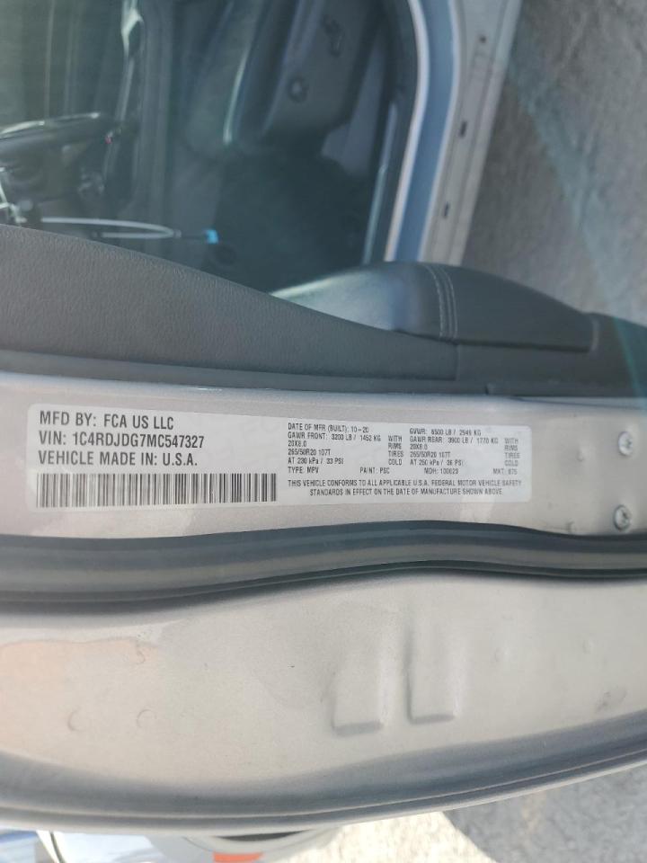 2021 Dodge Durango VIN 1C4RDJDG7MC547327 Copart auction photo, rear end / undercarriage damage thumbnail 14