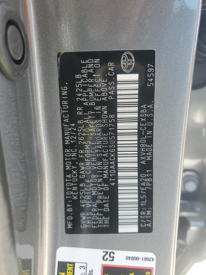 2025 Toyota Camry VIN 4T1DAACK6SU571758 Copart auction photo, front end / side damage thumbnail 12