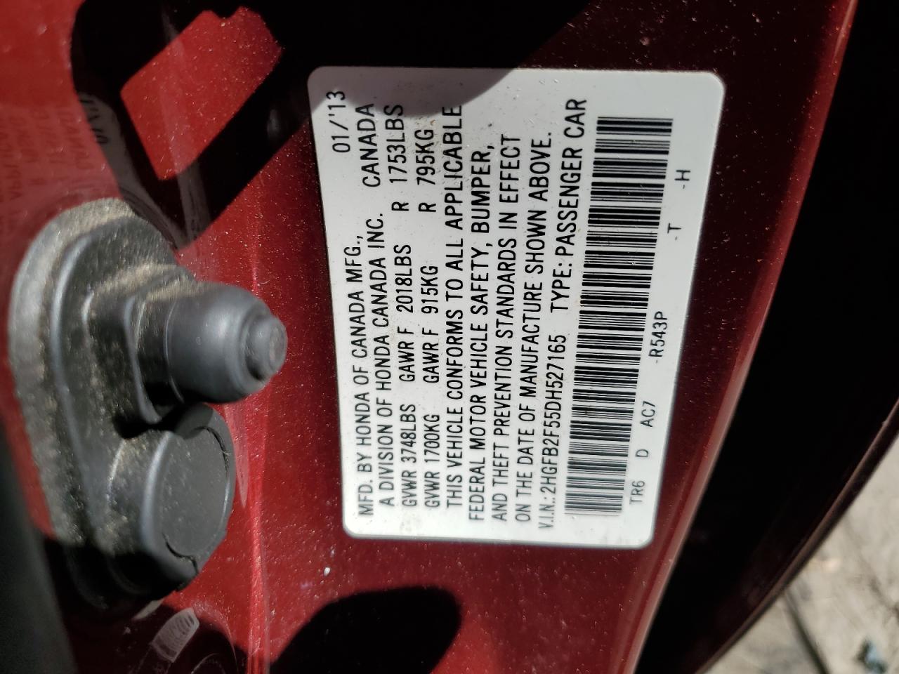 2013 Honda Civic VIN 2HGFB2F55DH527165 Copart auction photo, front end damage thumbnail 13