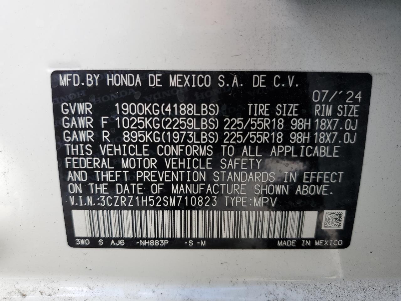 2025 Honda HR-V VIN 3CZRZ1H52SM710823 Copart auction photo, rear end / side damage thumbnail 14