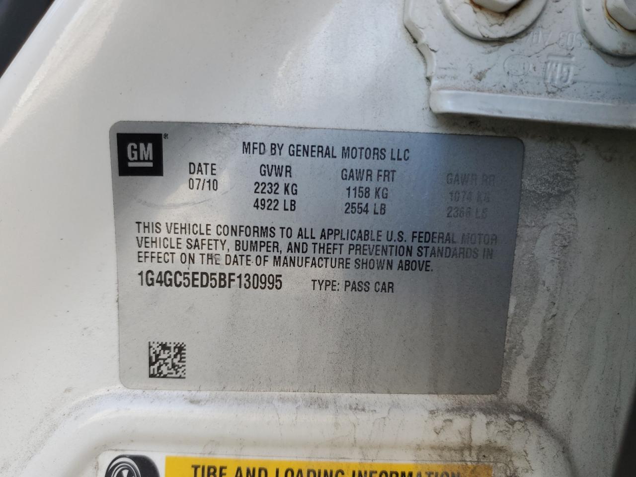 2011 Buick LaCrosse VIN 1G4GC5ED5BF130995 Copart auction photo, front end / side damage thumbnail 14