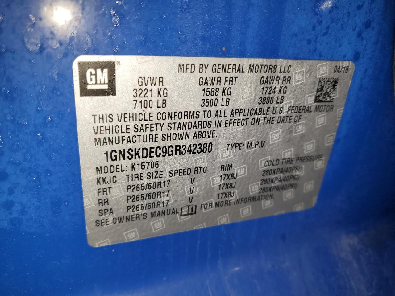 2016 Chevrolet Tahoe VIN 1GNSKDEC9GR342380 Copart auction photo, mechanical damage thumbnail 13