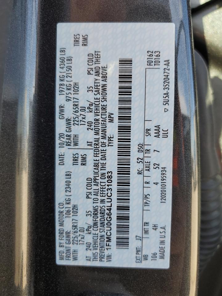 2020 Ford Escape VIN 1FMCU0G64LUC31083 Copart auction photo, front end / minor dent/scratches damage thumbnail 13