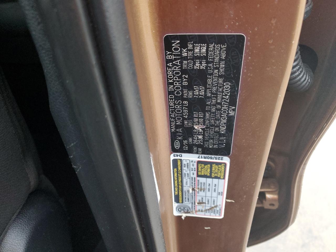 2017 KIA Sportage VIN KNDPM3AC0H7242030 Copart auction photo, rear end damage thumbnail 13