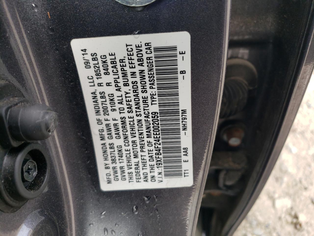 2014 Honda Civic VIN 19XFB4F24EE002059 Copart auction photo, side / front end damage thumbnail 14