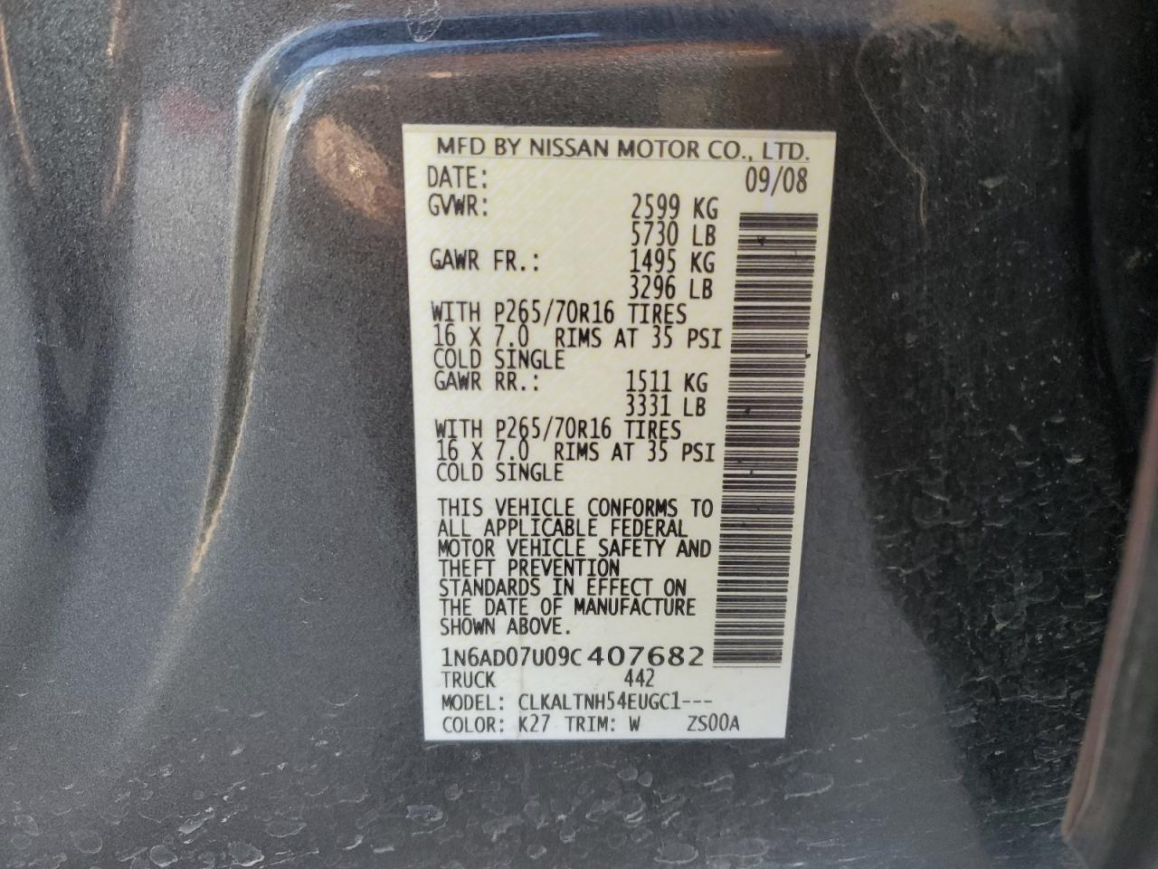2009 Nissan Navara (Frontier) VIN 1N6AD07U09C407682 Copart auction photo, front end / rear end damage thumbnail 12