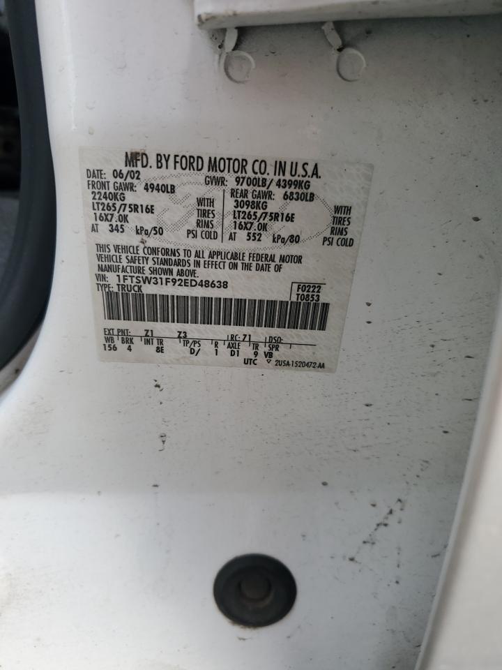 2002 Ford F350 VIN 1FTSW31F92ED48638 Copart auction photo, all over damage thumbnail 12