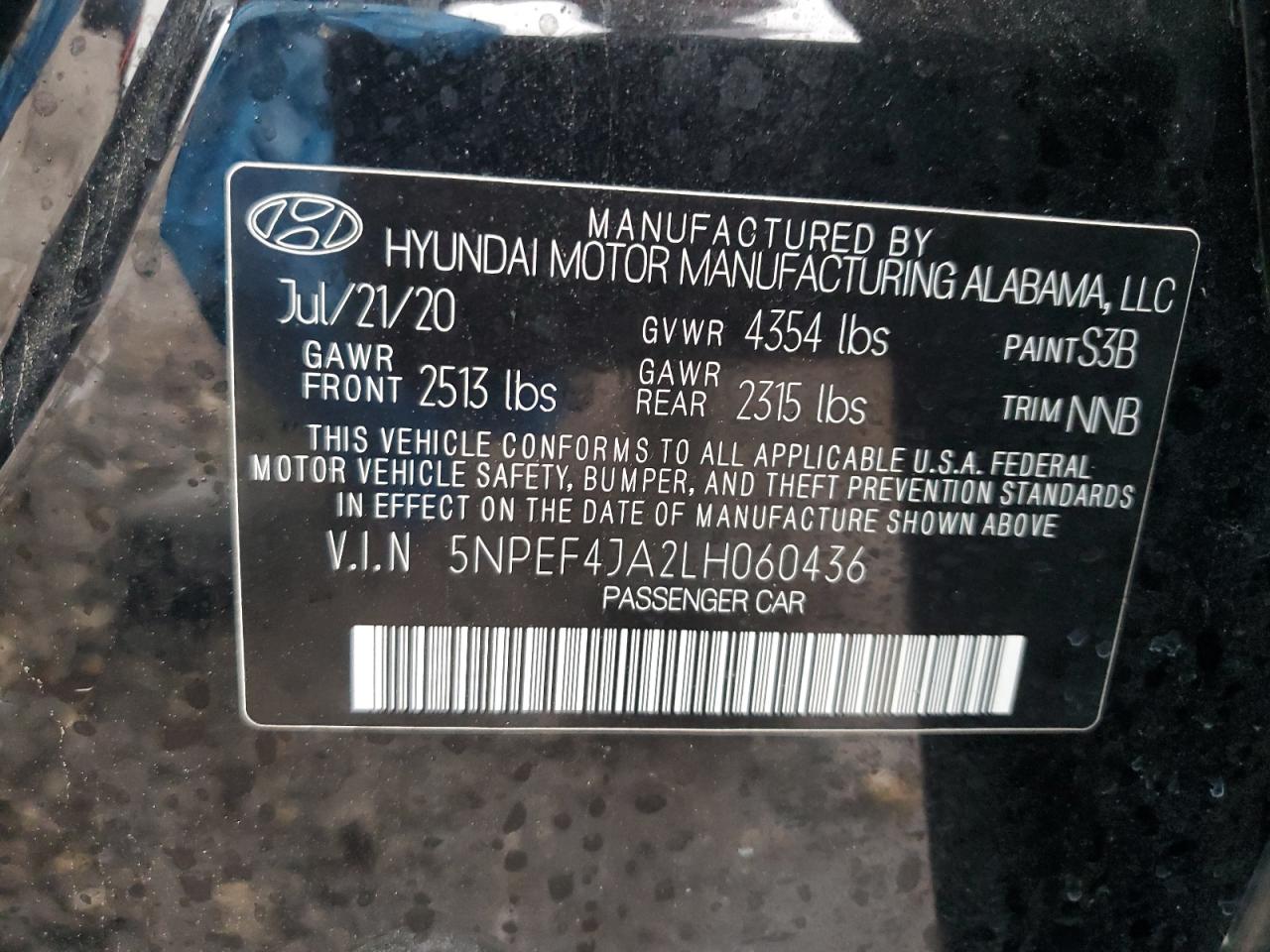 2020 Hyundai Sonata VIN 5NPEF4JA2LH060436 Copart auction photo, front end / side damage thumbnail 15