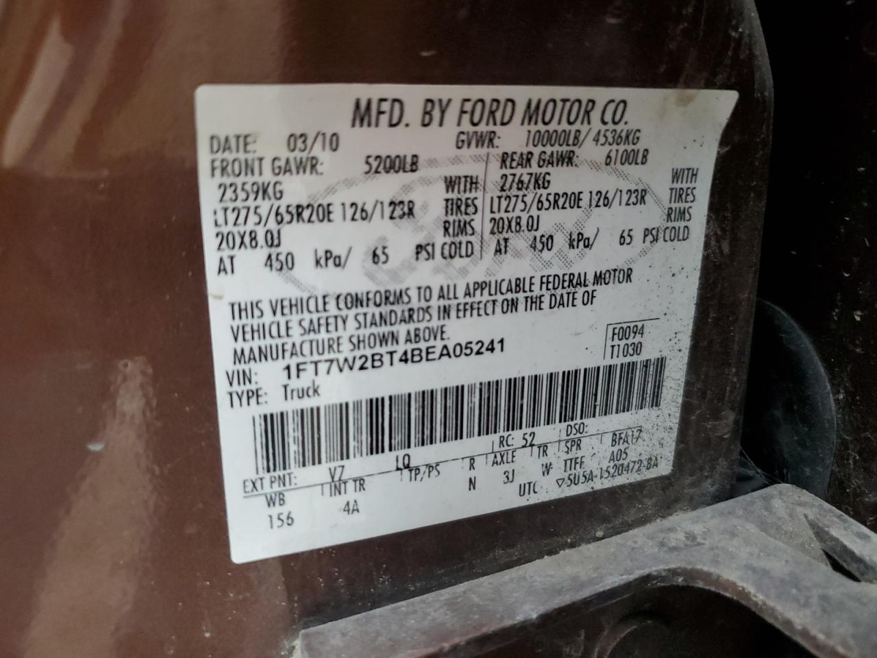 2011 Ford F250 VIN 1FT7W2BT4BEA05241 Copart auction photo, rear end / side damage thumbnail 15