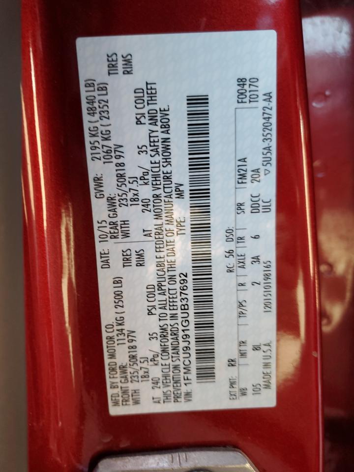 2016 Ford Escape VIN 1FMCU9J91GUB37692 Copart auction photo, front end damage thumbnail 12