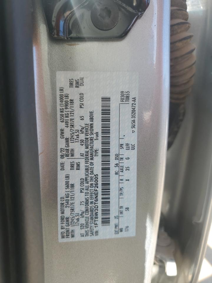 2022 Ford F350 VIN 1FT8W3DT6NEF26005 Copart auction photo, front end damage thumbnail 14