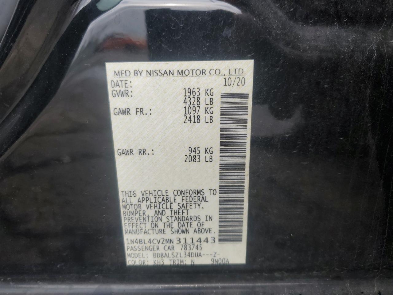 2021 Nissan Altima VIN 1N4BL4CV2MN311443 Copart auction photo, stripped / burn damage thumbnail 13