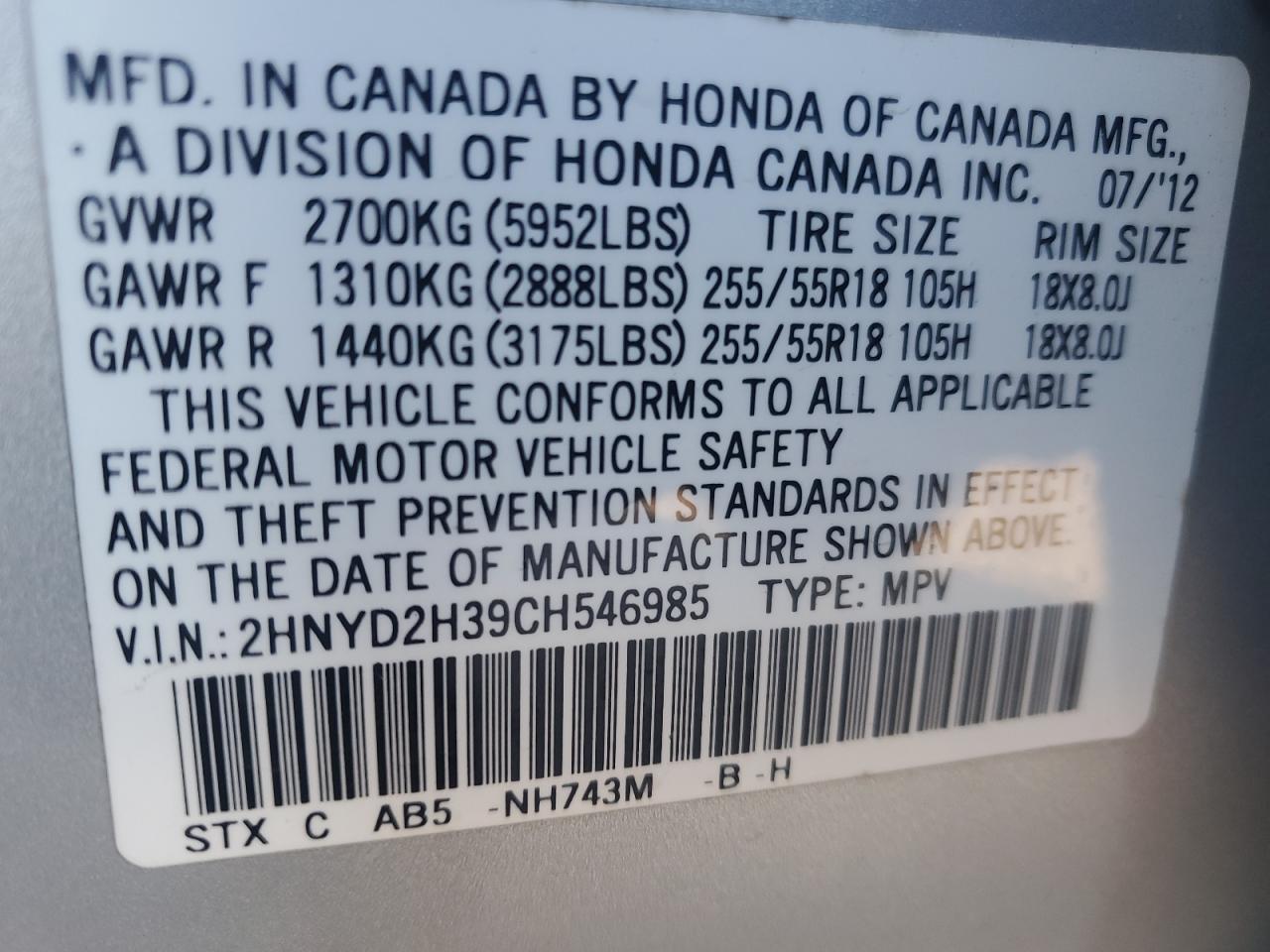 2012 Acura MDX VIN 2HNYD2H39CH546985 Copart auction photo, front end damage thumbnail 13