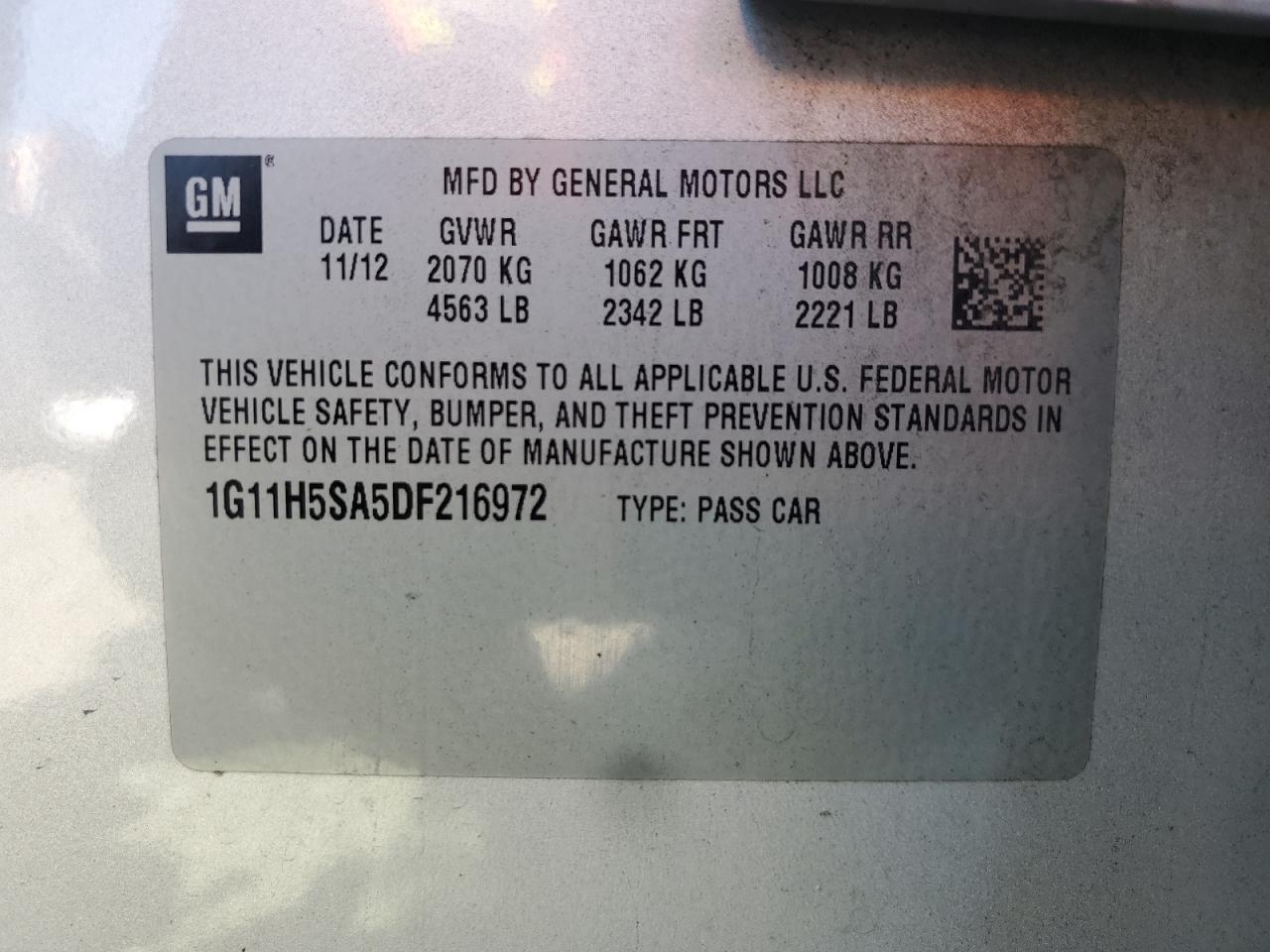 2013 Chevrolet Malibu VIN 1G11H5SA5DF216972 Copart auction photo, front end damage thumbnail 13