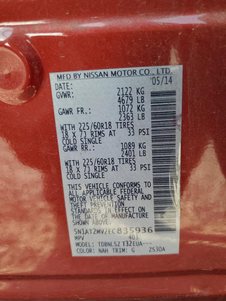 2014 Nissan Rogue VIN 5N1AT2MV2EC835936 Copart auction photo, side damage thumbnail 13
