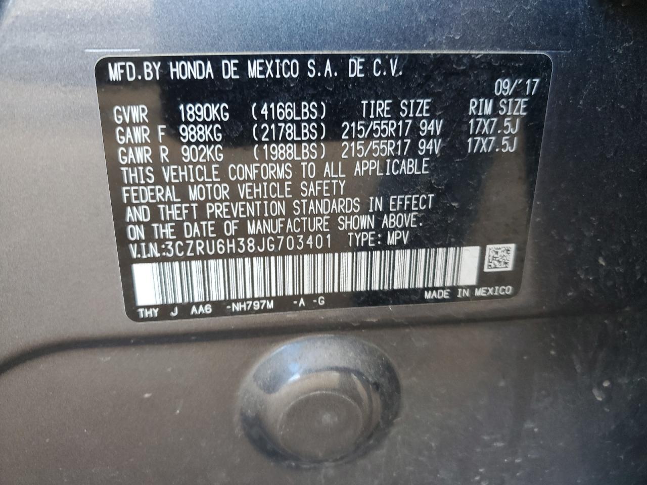 2018 Honda HR-V VIN 3CZRU6H38JG703401 Copart auction photo, hail damage thumbnail 12
