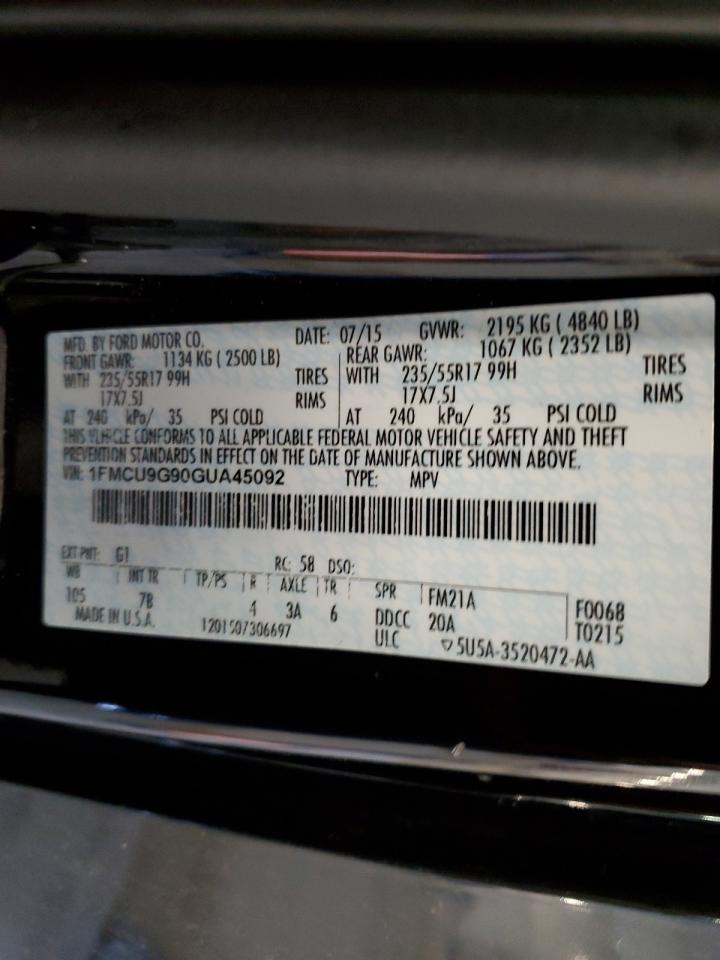 2016 Ford Escape VIN 1FMCU9G90GUA45092 Copart auction photo, front end / side damage thumbnail 15