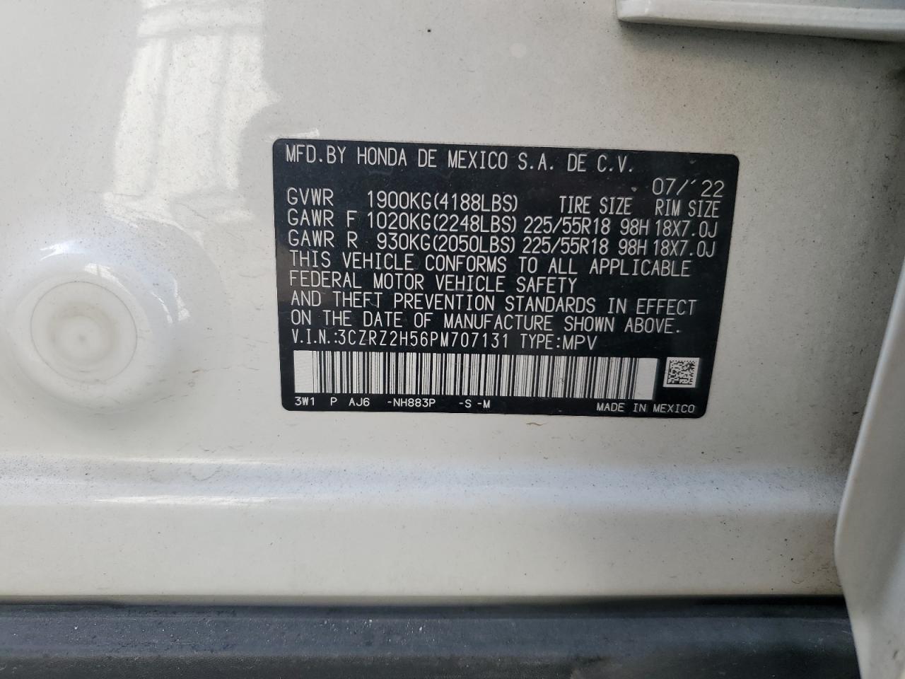 2023 Honda HR-V VIN 3CZRZ2H56PM707131 Copart auction photo, front end / undercarriage damage thumbnail 13