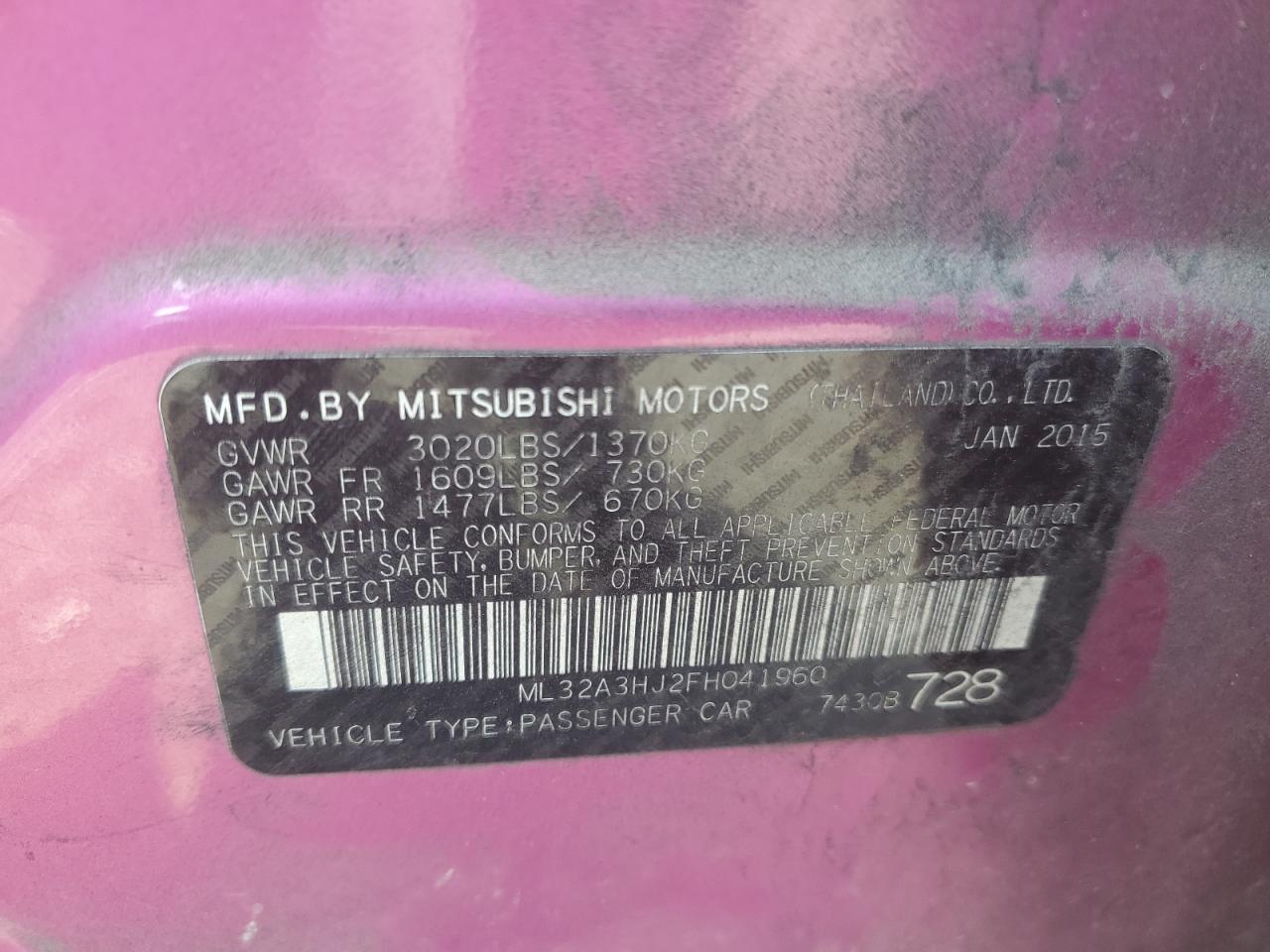 2015 Mitsubishi Mirage VIN ML32A3HJ2FH041960 Copart auction photo, rear end damage thumbnail 13