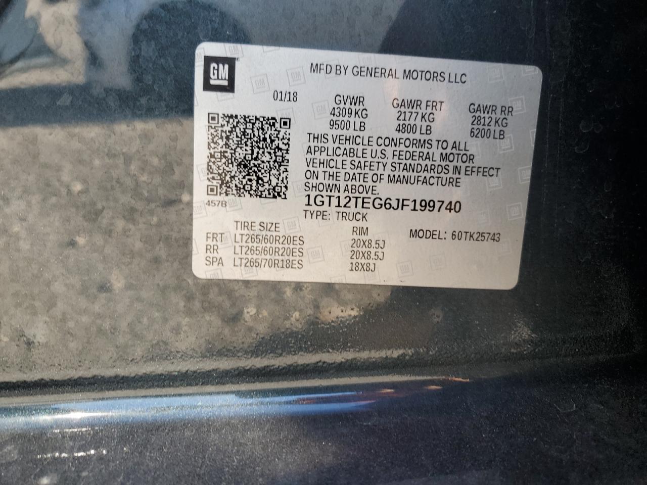 2018 GMC Sierra VIN 1GT12TEG6JF199740 Copart auction photo, front end damage thumbnail 12