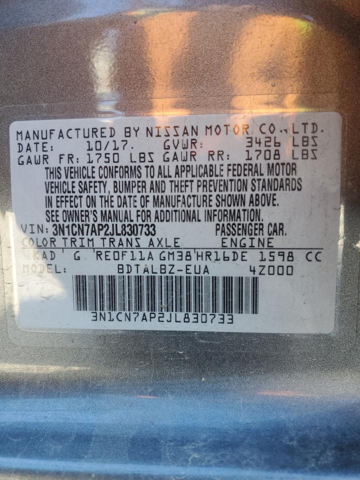 2018 Nissan Versa VIN 3N1CN7AP2JL830733 Copart auction photo, front end / frame damage damage thumbnail 13