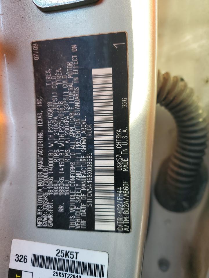 2008 Toyota Tundra VIN 5TFCV54168X008685 Copart auction photo, side damage thumbnail 14