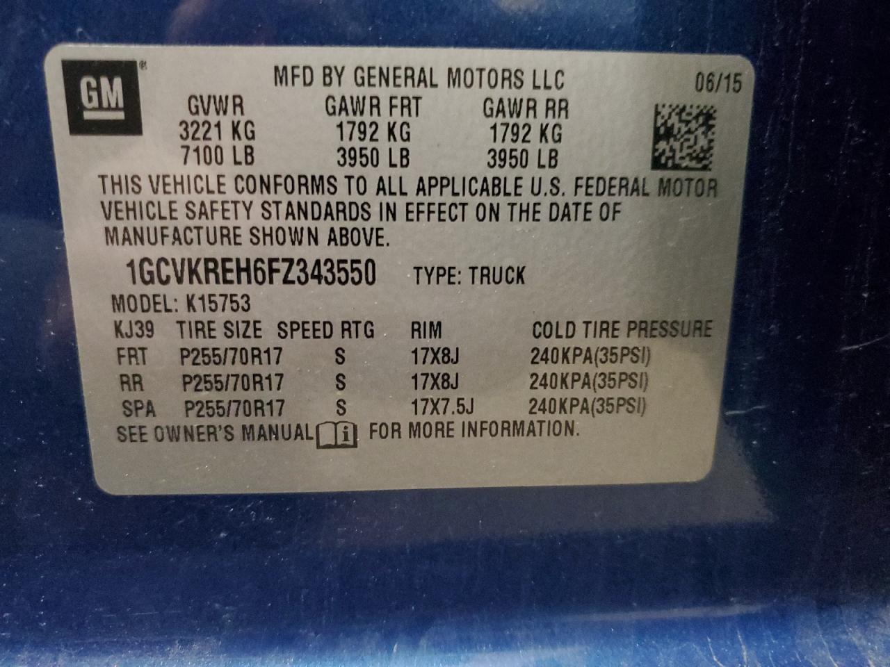 2015 Chevrolet Silverado VIN 1GCVKREH6FZ343550 Copart auction photo, side damage thumbnail 14