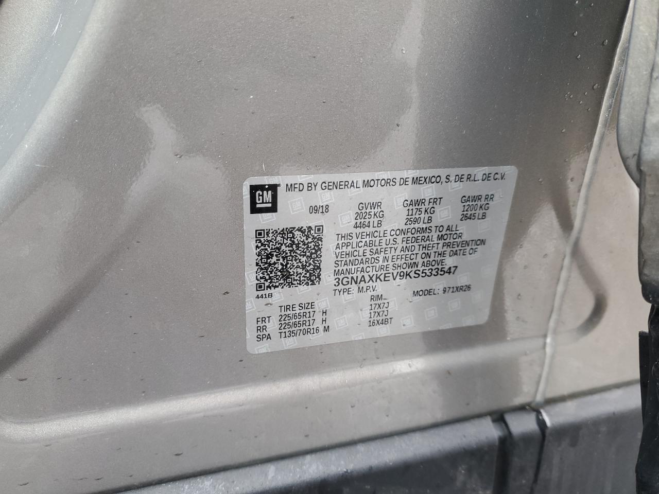 2019 Chevrolet Equinox VIN 3GNAXKEV9KS533547 Copart auction photo, front end damage thumbnail 13