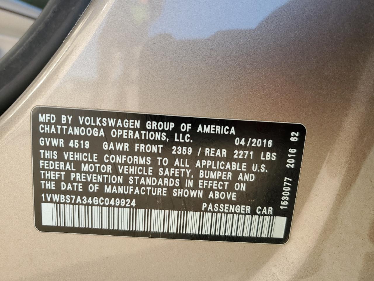 2016 Volkswagen Passat VIN 1VWBS7A34GC049924 Copart auction photo, all over damage thumbnail 12