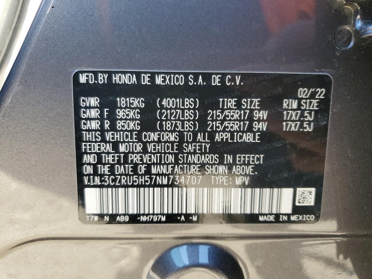2022 Honda HR-V VIN 3CZRU5H57NM734707 Copart auction photo, front end damage thumbnail 15