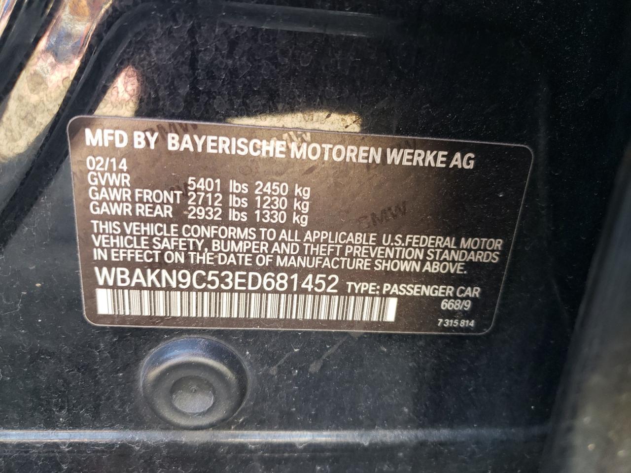 2014 BMW 5er VIN WBAKN9C53ED681452 Copart auction photo, front end / minor dent/scratches damage thumbnail 12