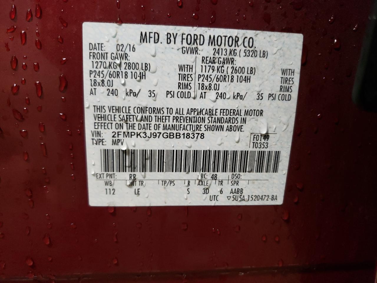 2016 Ford Edge VIN 2FMPK3J97GBB18378 Copart auction photo, front end damage thumbnail 13